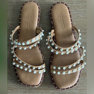 Cushionaire Pearl Studded Sandals Tan Memory Foam Slides Size 7